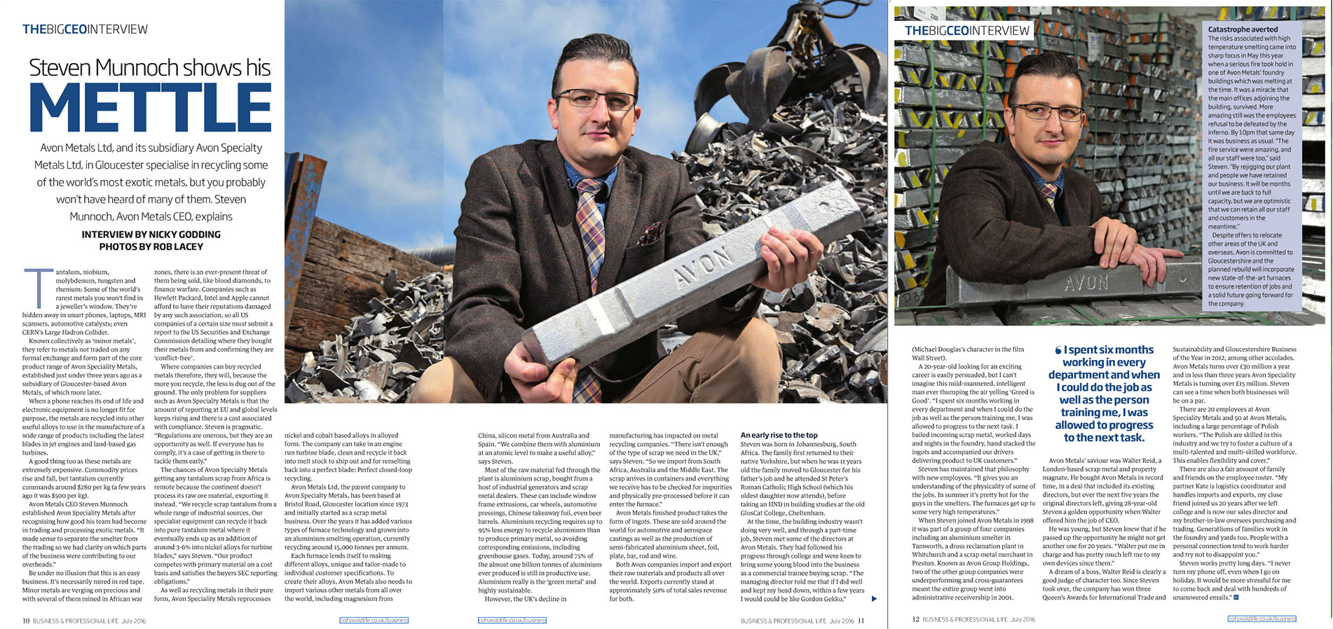 cutting from Business & Professional Magazine showing Avon Metals CEO Steven Munnock